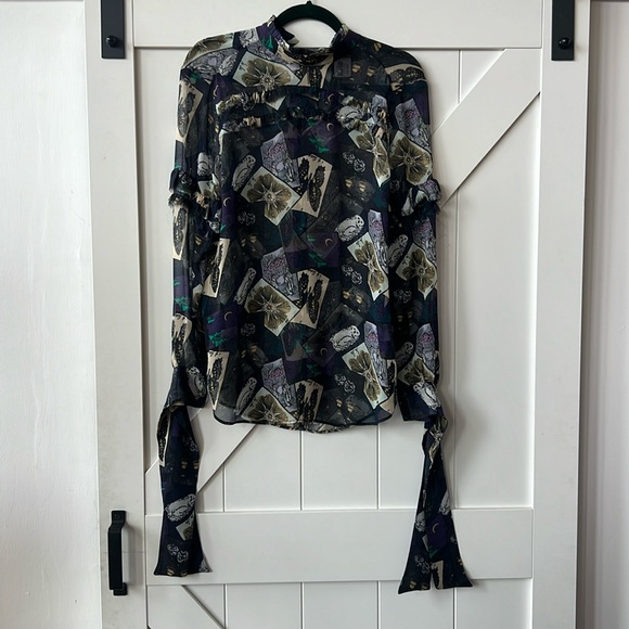 Equipment Tops - Equipment Sheer Witchy Boho Silk Tarot Fringe Blouse